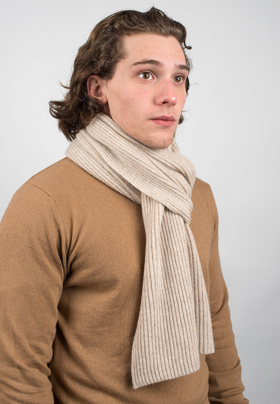 Beige Men's Fisherman's Rib 100% Cashmere Scarf, view 2
