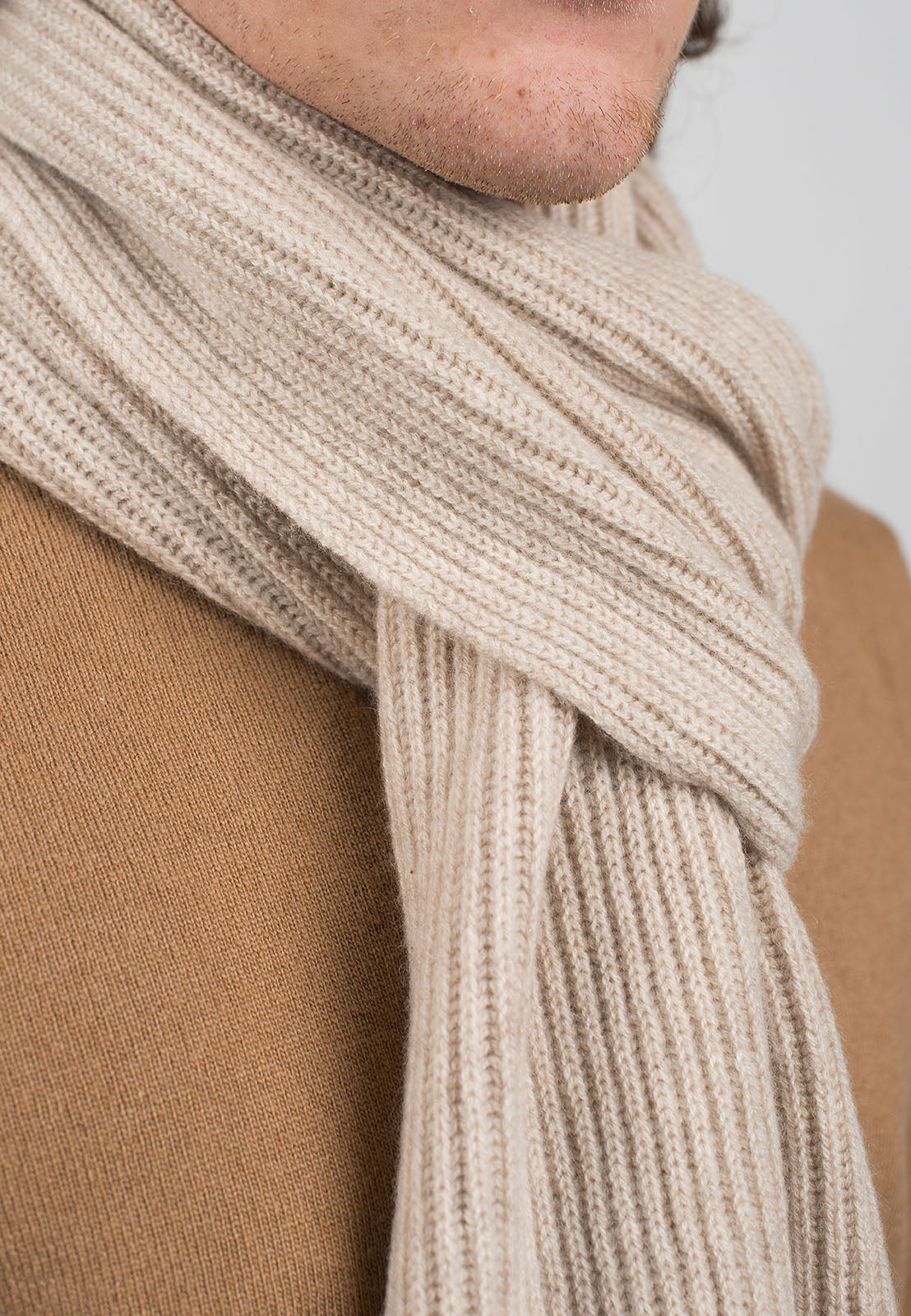 Beige Men's Fisherman's Rib 100% Cashmere Scarf, view 3