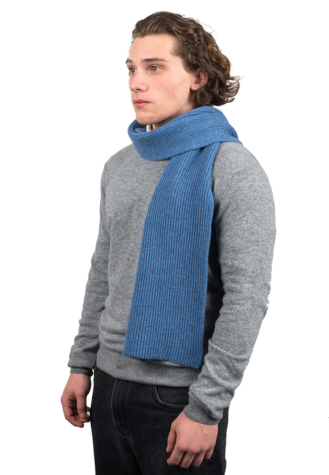 Light Blue Men's Fisherman's Rib 100% Cashmere Scarf