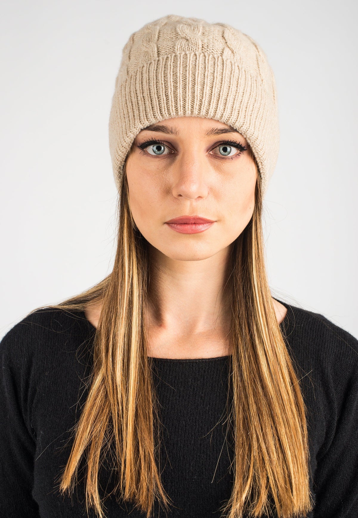 Beige Cable-Knit Recycled Cashmere Blend Beanie