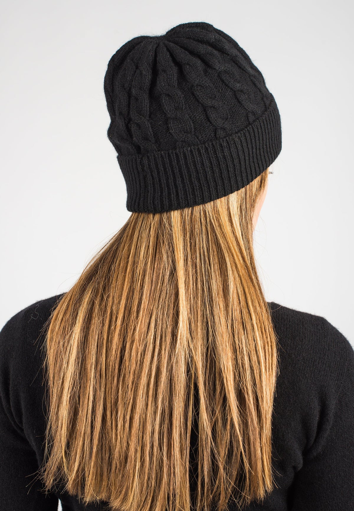 Black Cable-Knit Recycled Cashmere Blend Beanie, view 3