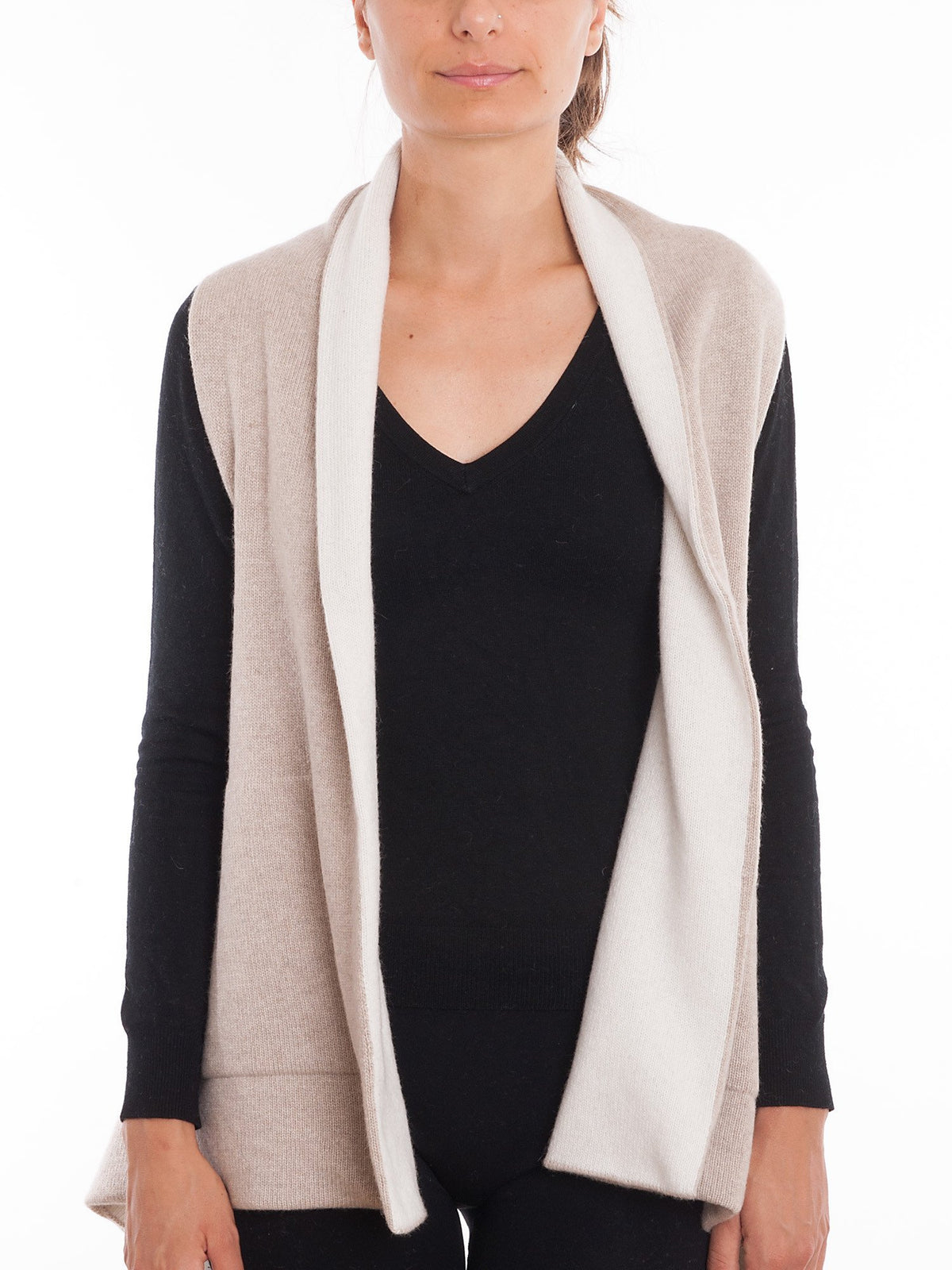 Beige-Cream Women's Reversible Sleeveless Cashmere Blend Cardigan