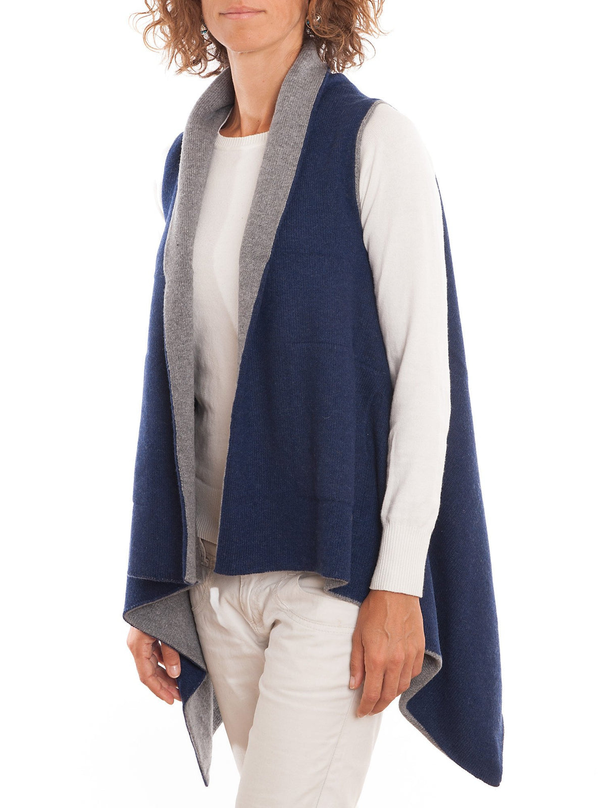 Blue-Gray Women's Reversible Sleeveless Cashmere Blend Cardigan, view 3