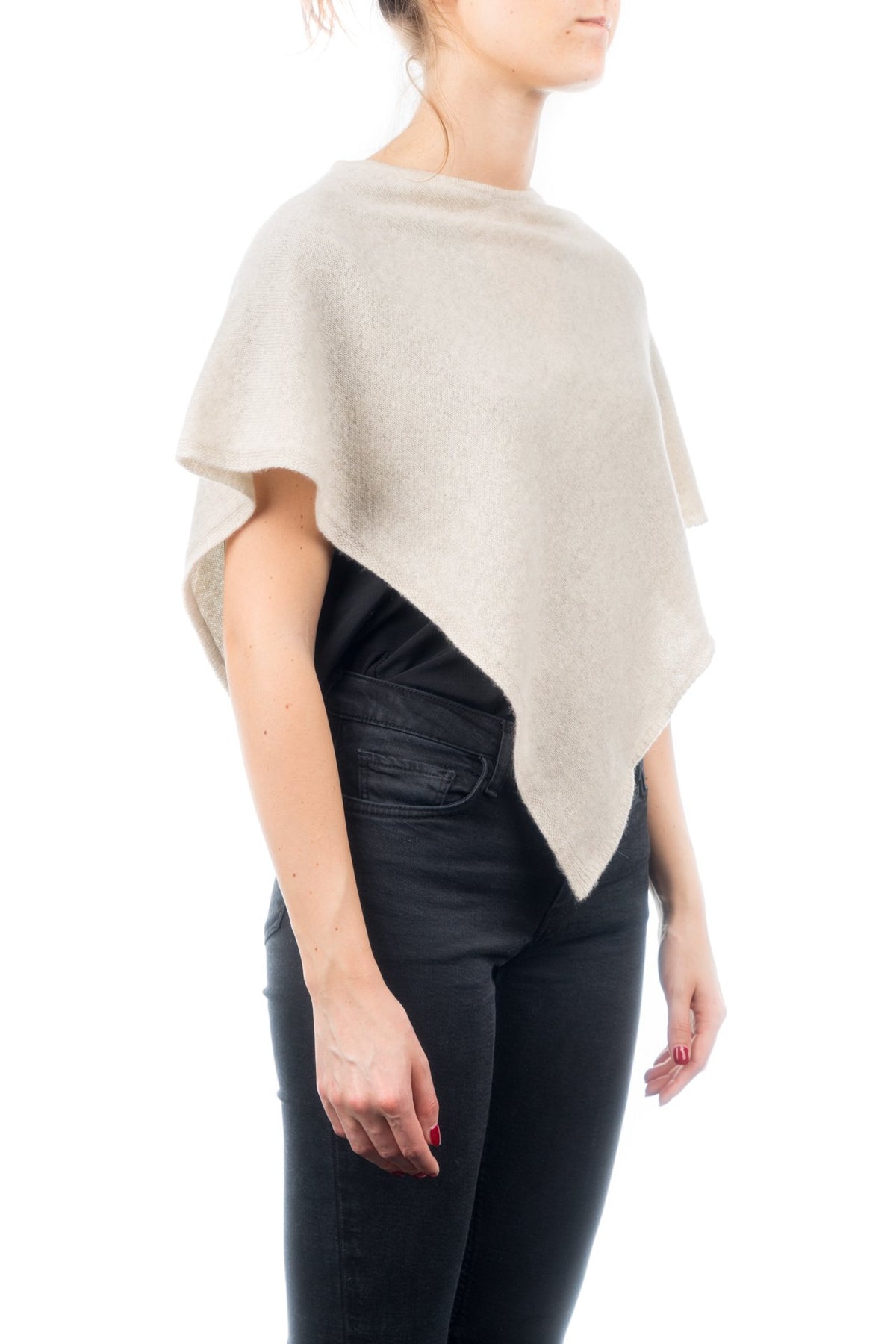 Beige Short 100% Cashmere Poncho, view 2