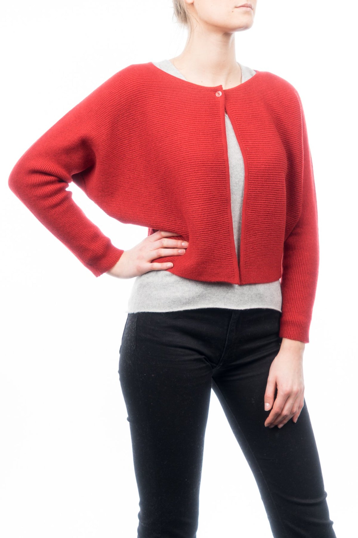 Red Women's 100% Cashmere Cropped Cardigan, view 2