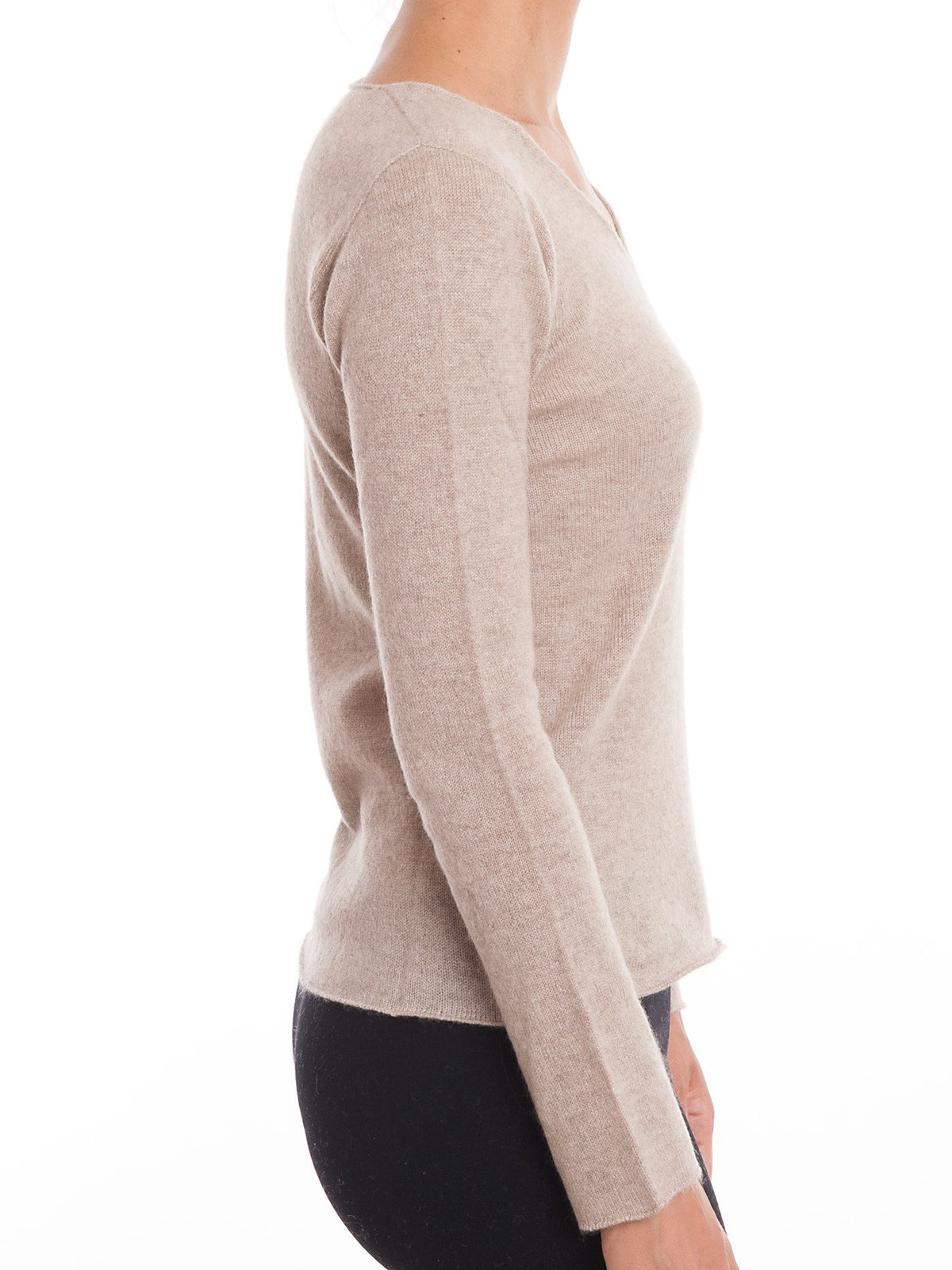 Beige Women's 100% Cashmere V-Neck, view 3