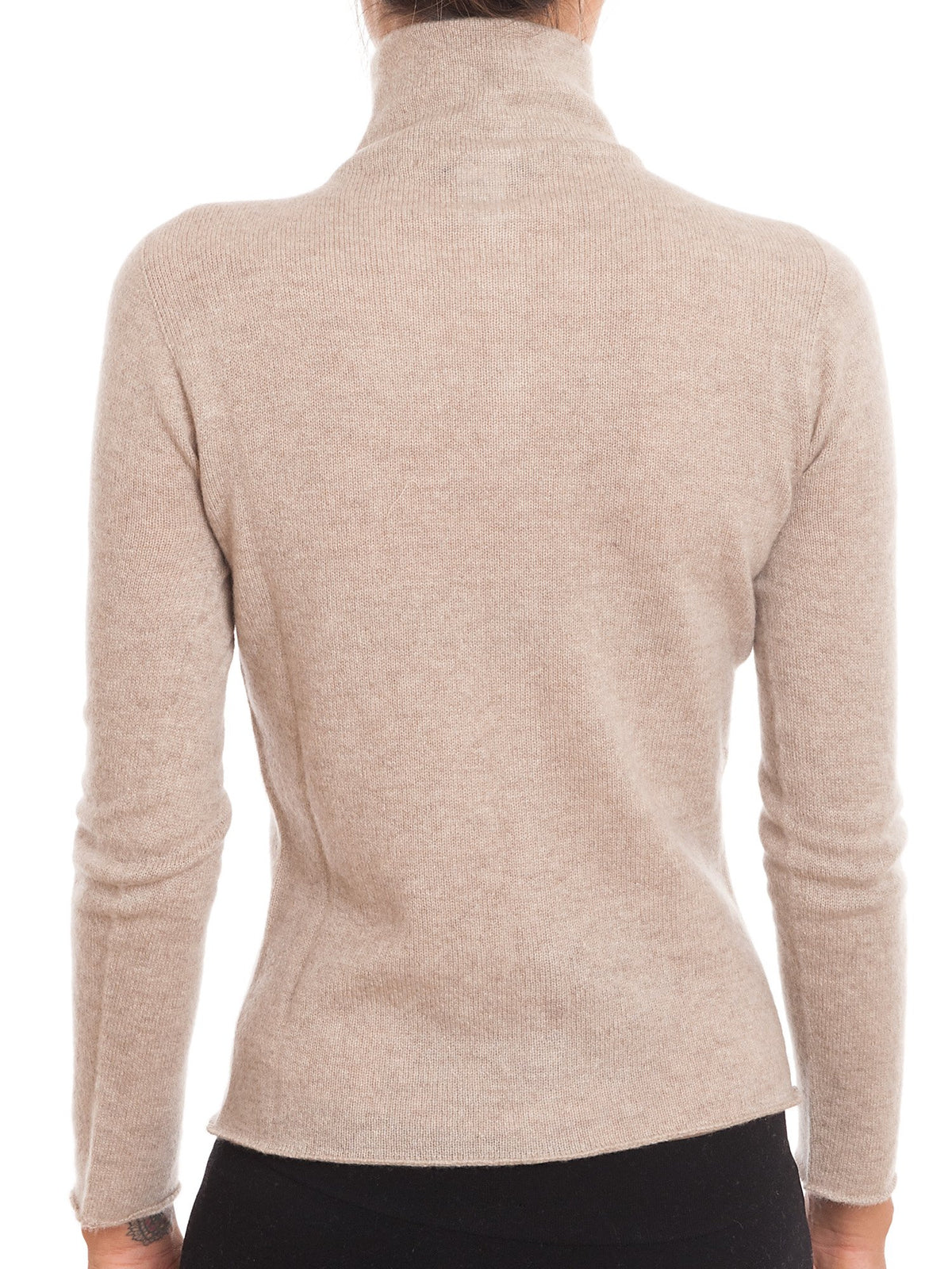 Beige Women's 100% Cashmere Mock Neck Bomber, view 3