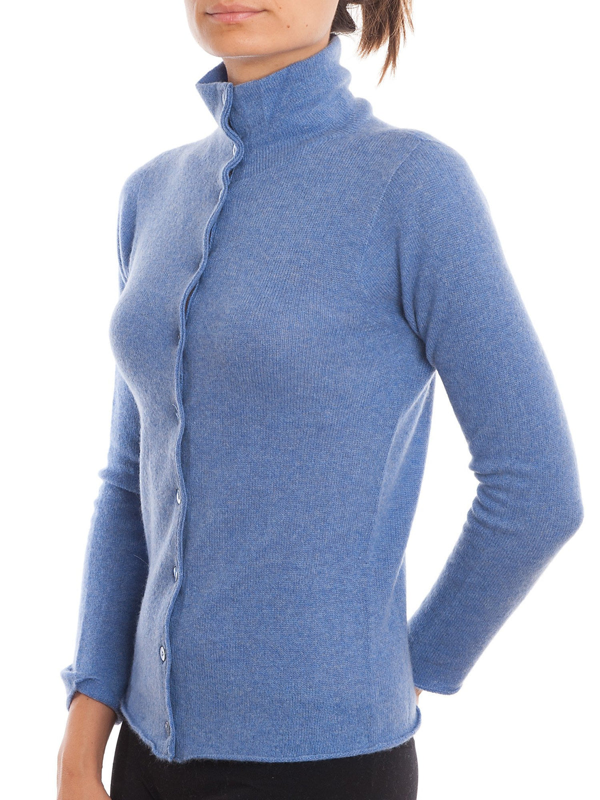 Light Blue Women's 100% Cashmere Mock Neck Bomber, view 2
